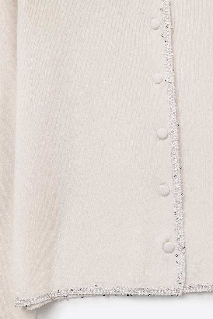 fine knit white cardigan with rhinestone detail
