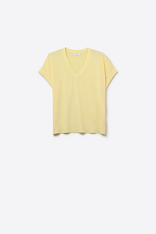 Fine Lightweight Knit Sweater with Wide V-Neck in Yellow