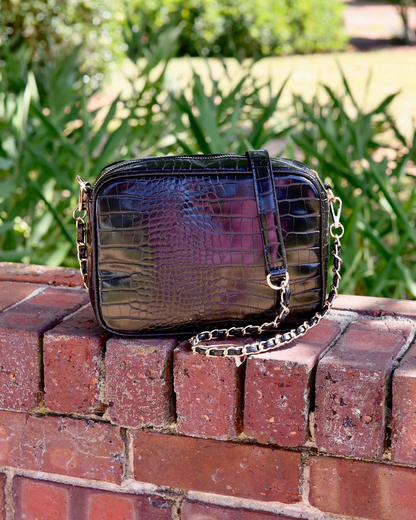 Fiona Crossbody - Black Embossed Croc