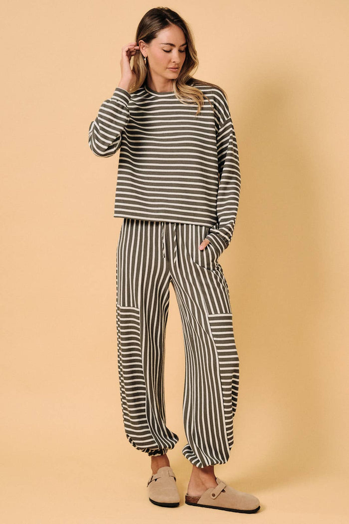 First Pick Olive Stripe Crew Neck Long Sleeve Top