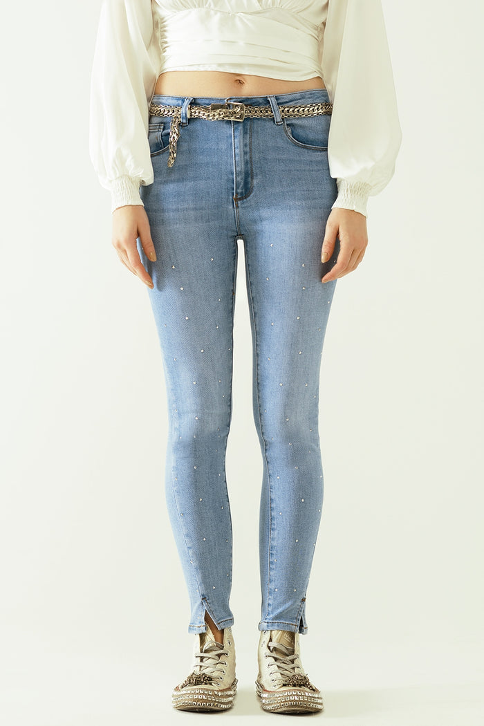 Five-pocket jeans with shiny detail and front closure - Denim