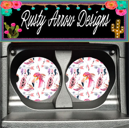 Flamingo with Feathers and Arrows Set of 2 Car Coasters - Car Coasters