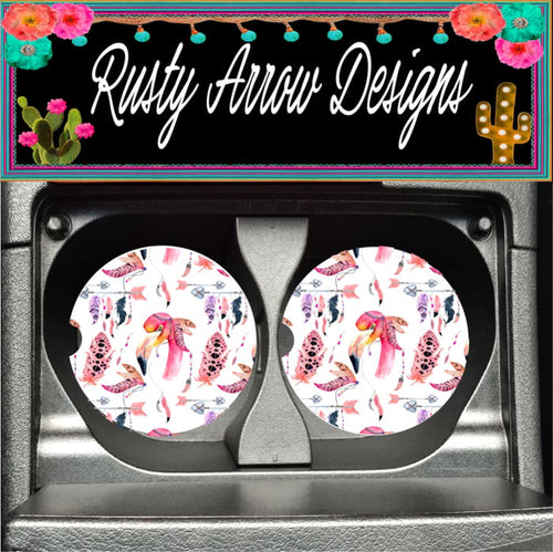 Flamingo with Feathers and Arrows Set of 2 Car Coasters - Car Coasters