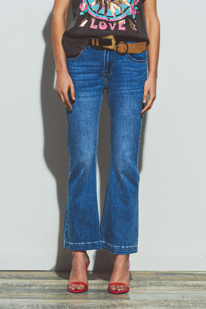 Flared double button waist jeans in blue denim - Denim