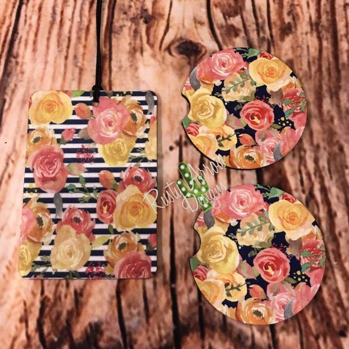 Floral and Stripes Air Freshener and Coaster Set Orange 2 - Air Freshener