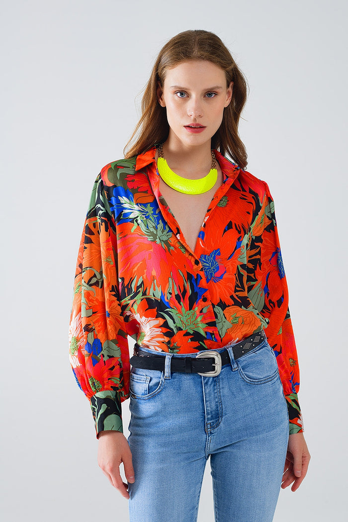Floral Balloon Sleeves chiffon Shirt in Black - Shirts