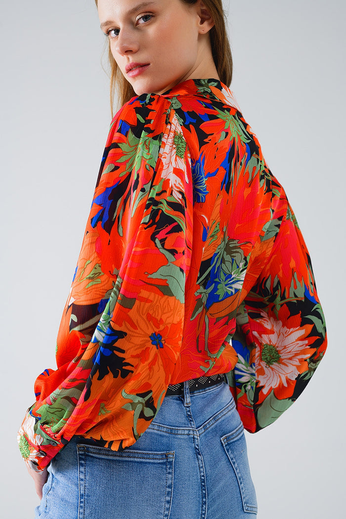 Floral Balloon Sleeves chiffon Shirt in Black - Shirts