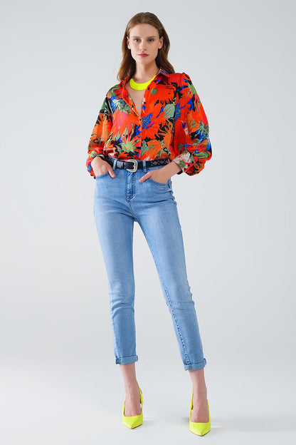 Floral Balloon Sleeves chiffon Shirt in Black - Shirts
