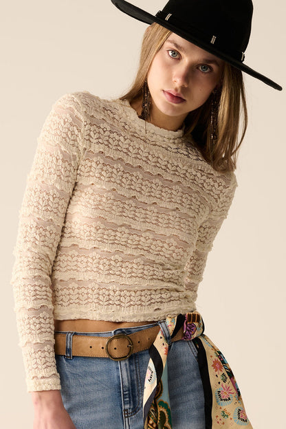 Floral Lace Top With Crew Neck in Cream