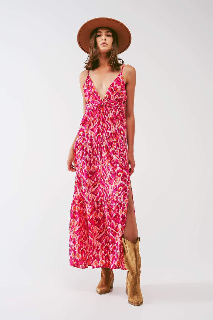 Floral Print Maxi Dress with V neck in Pink - dress