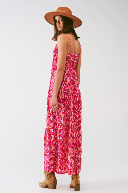 Floral Print Maxi Dress with V neck in Pink - dress