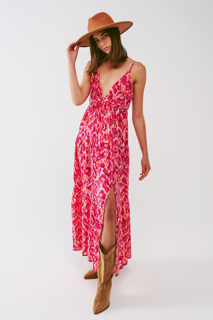 Floral Print Maxi Dress with V neck in Pink - dress