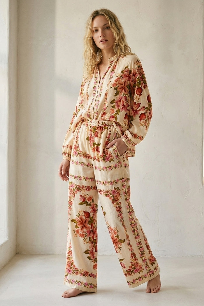 Floral Print Maxi wide leg pants in beige - trousers
