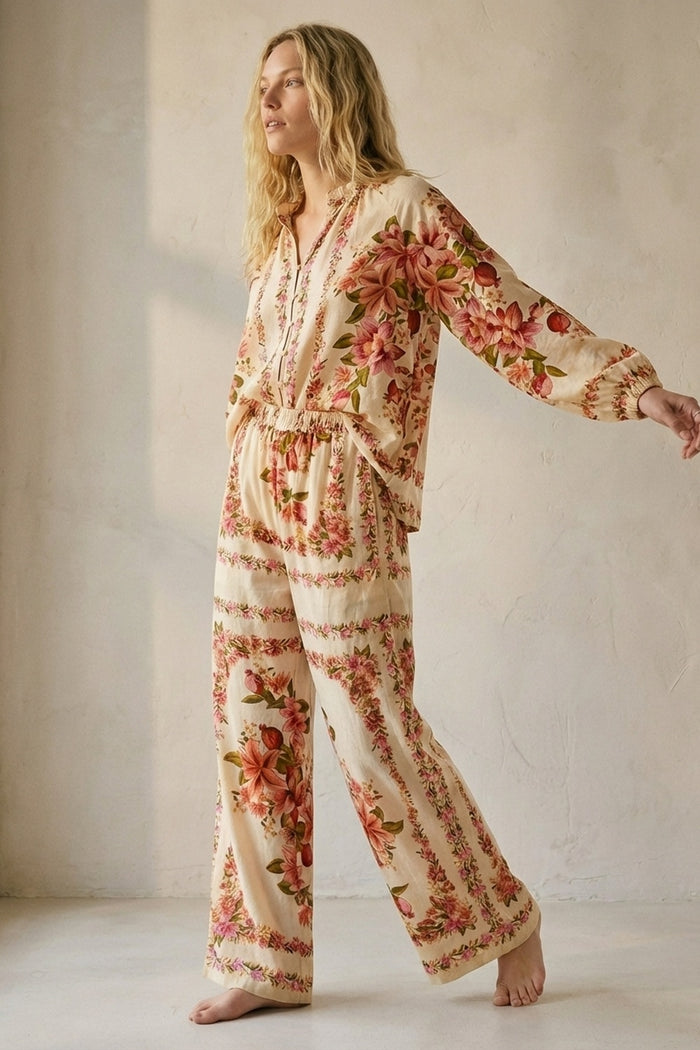 Floral Print Maxi wide leg pants in beige - trousers