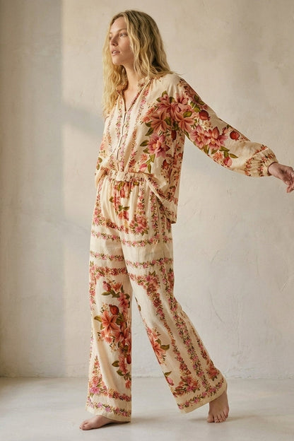 Floral Print Maxi wide leg pants in beige - trousers