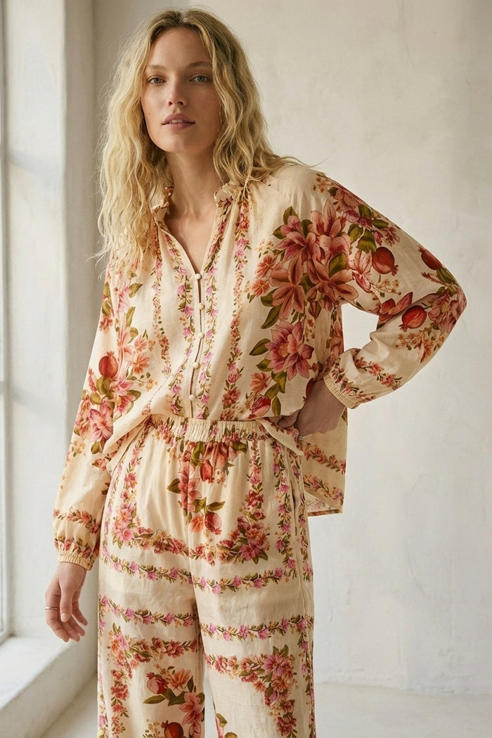 Floral Print Maxi wide leg pants in beige - trousers
