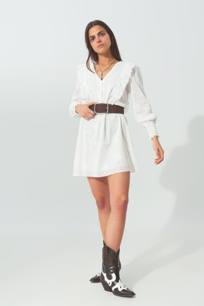 Floral Ruffle Mini Dress in White - dress