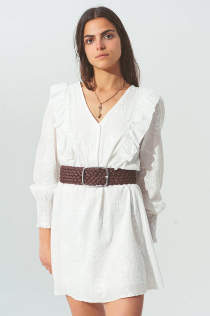 Floral Ruffle Mini Dress in White - dress