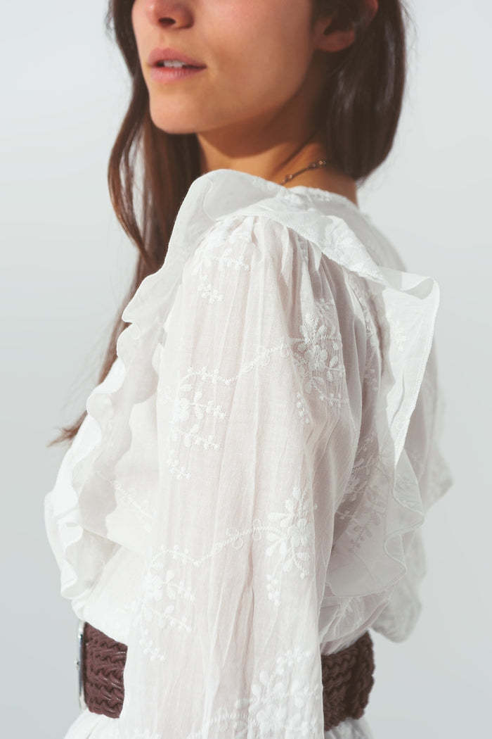 Floral Ruffle Mini Dress in White - dress