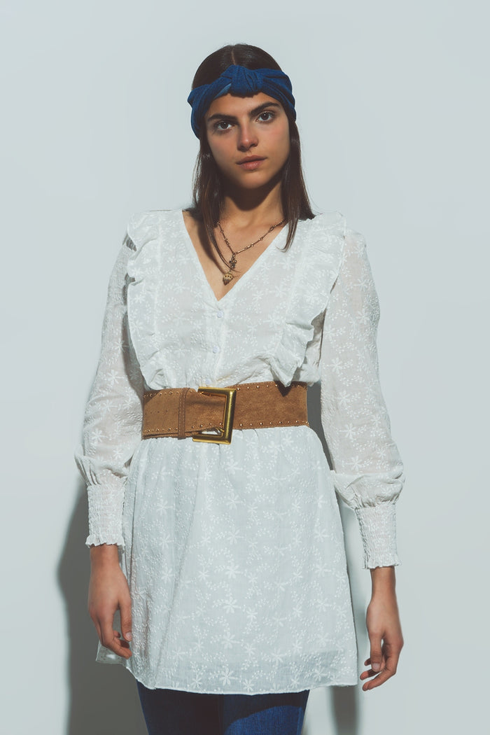 Floral Textured Mini Dress in White - dress