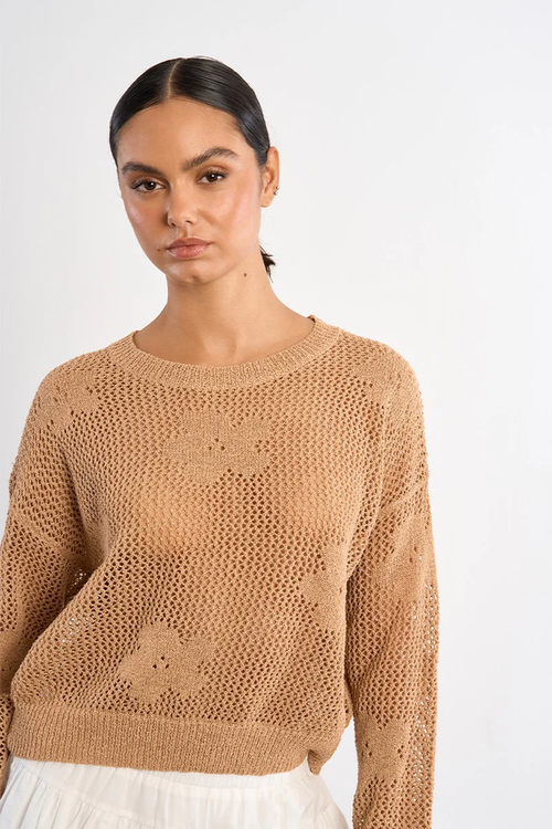 Molly bracken Flower Open Knit Camel Sweater