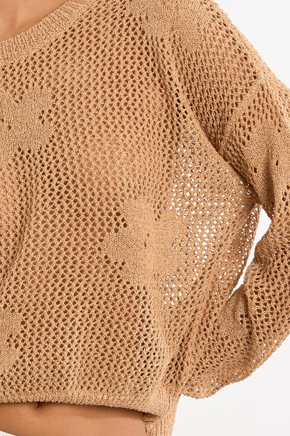 Flower Open Knit Camel Sweater
