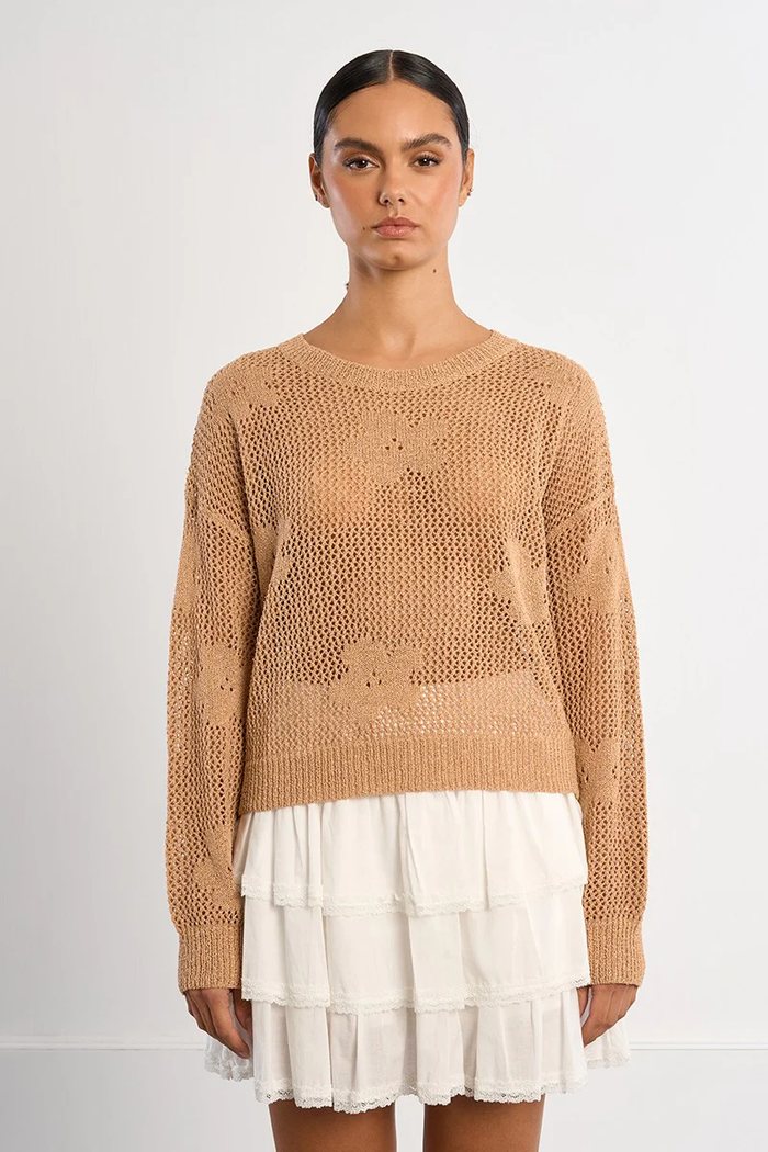 Flower Open Knit Camel Sweater