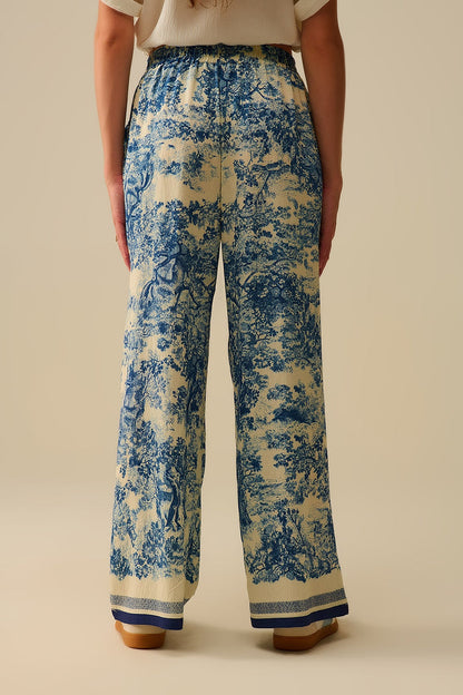 Flowy Toile de Jouy Printed Trousers with Elastic Waist - trousers