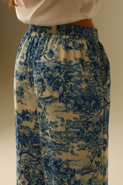 Flowy Toile de Jouy Printed Trousers with Elastic Waist - trousers