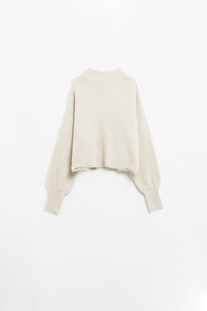 Fluffy beige sweater with high neck and balloon sleeves