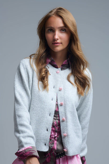 fluffy Gray Cardigan with Heart Buttons