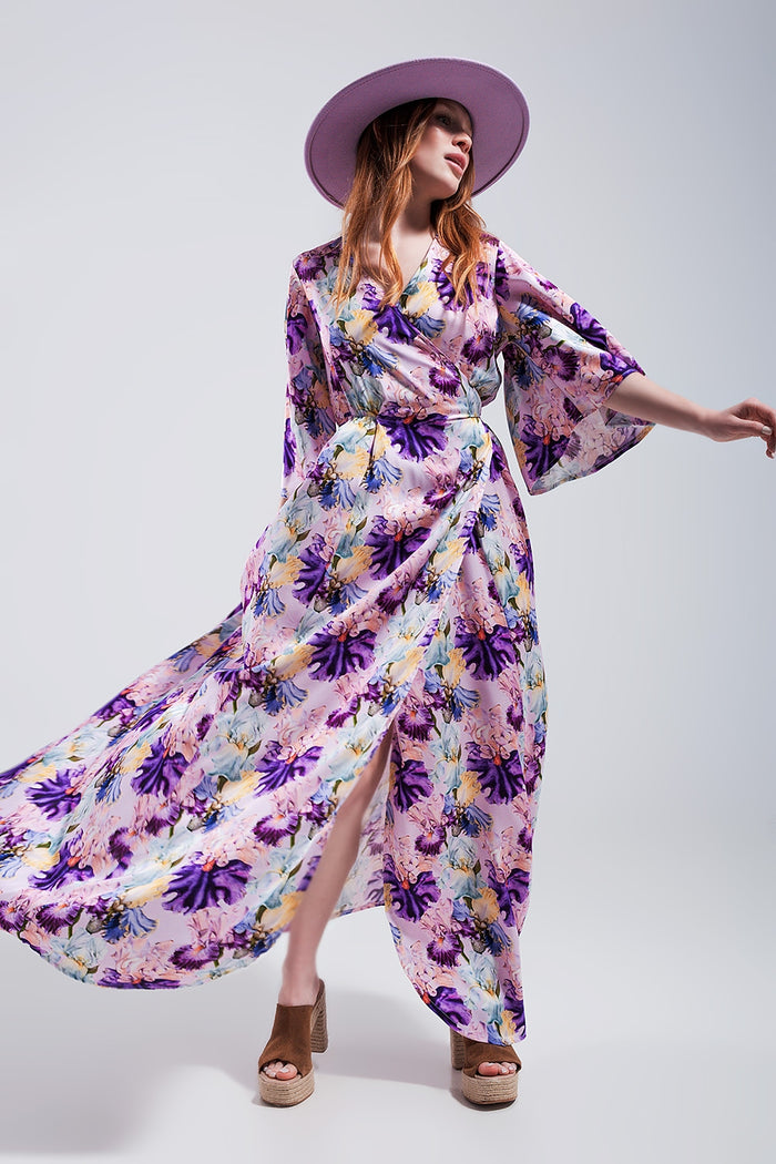 Flutter sleeve maxi dress in purple floral print - dress