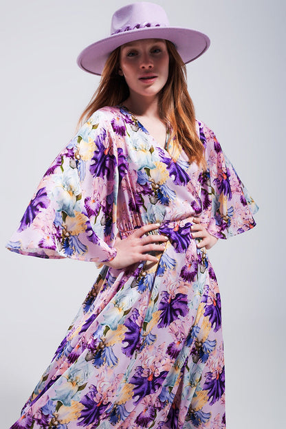 Flutter sleeve maxi dress in purple floral print - dress