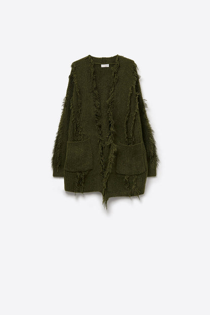Forest Green Boho Distressed Cardigan With Front Pockets