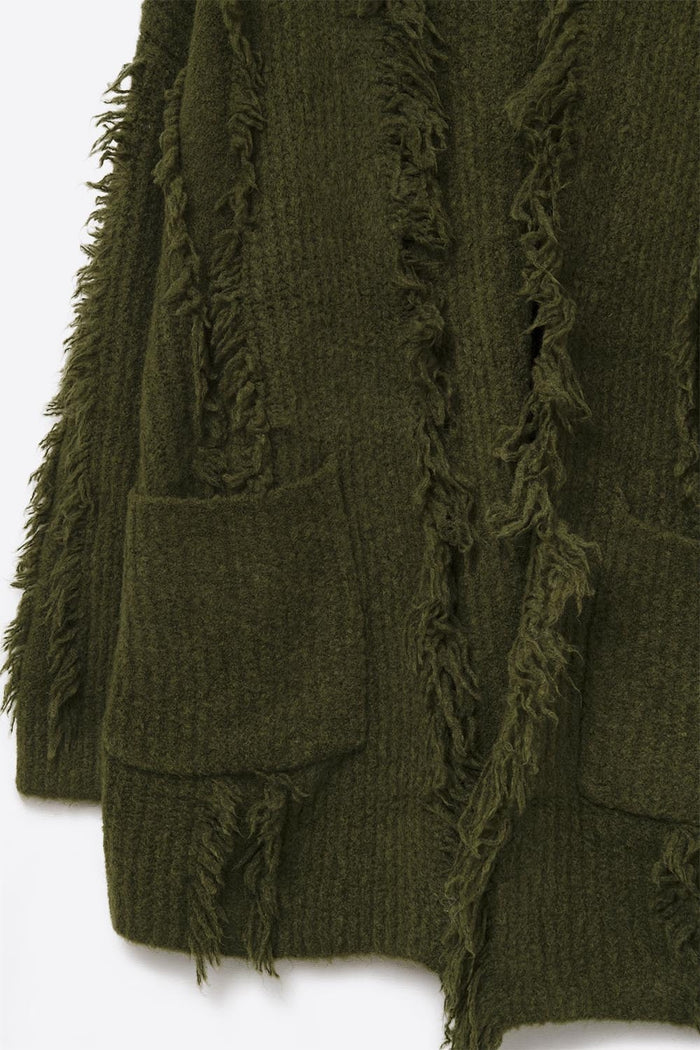 Forest Green Boho Distressed Cardigan With Front Pockets