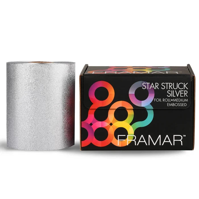 Framar Star Struck Silver Medium Embossed Foil Roll 5" x 320' with dispenser box, designed for professional highlighting, balayage and colour services.