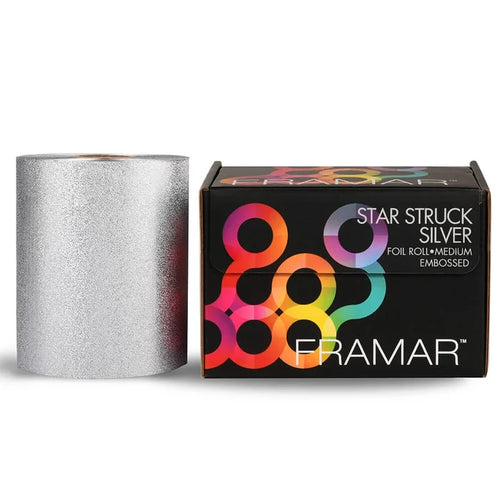 Framar Star Struck Silver Medium Embossed Foil Roll 5" x 320' with dispenser box, designed for professional highlighting, balayage and colour services.