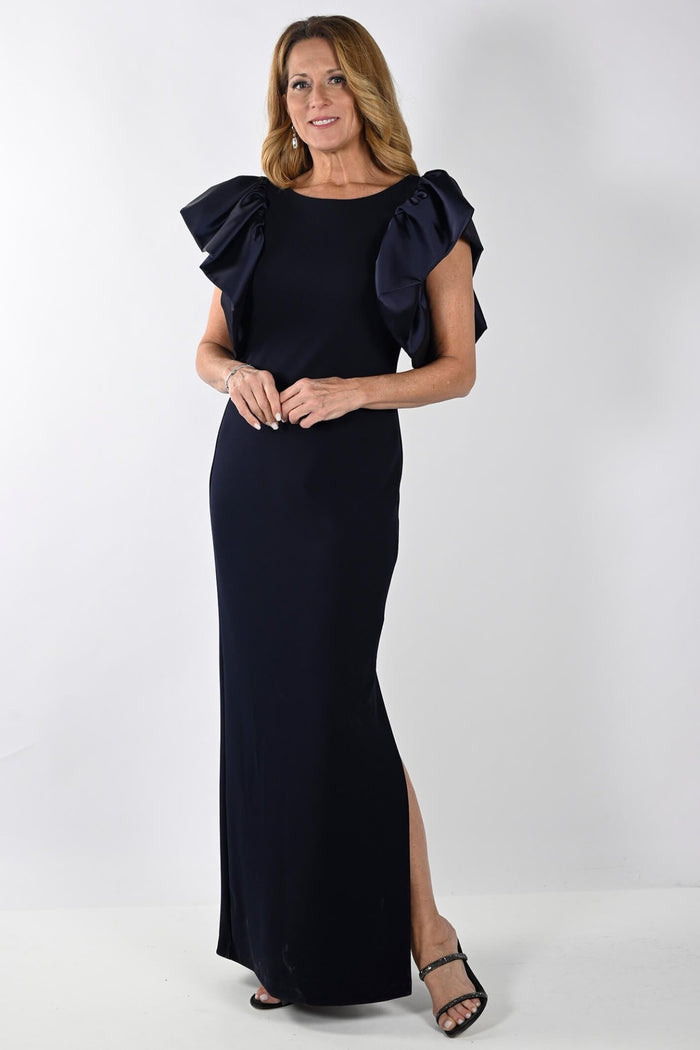 Frank Lyman 239151 Navy Ruffle Shoulder Evening Dress - Dotique