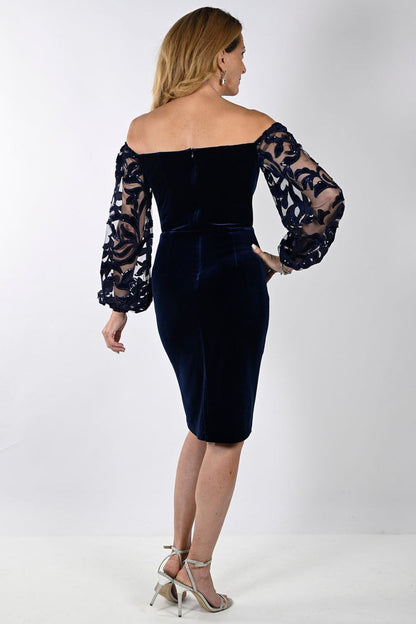 Frank Lyman 239226 Navy Velvet Bardot Neckline Occasion Dress - Dotique