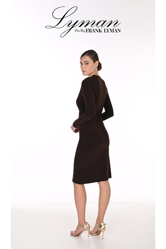 Frank Lyman 269029 Mocha Dress with Gold Buckle Detail back view Shop Frank Lyman at Dotique
