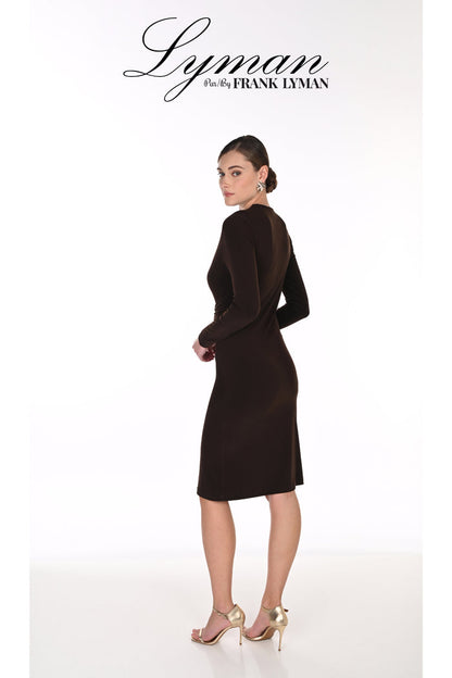 Frank Lyman 269029 Mocha Dress with Gold Buckle Detail back view Shop Frank Lyman at Dotique