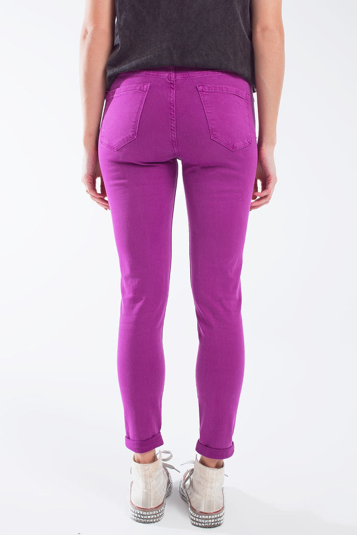 Fuchsia ankle super skinny jeans with soft wrinkles - Coloured Jeans