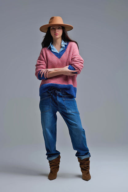 Fuchsia Striped Knit Sweater with Blue Details