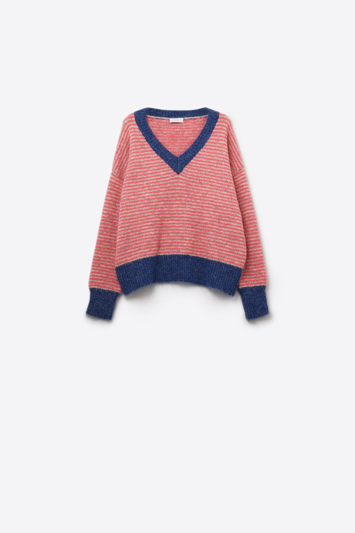 Fuchsia Striped Knit Sweater with Blue Details