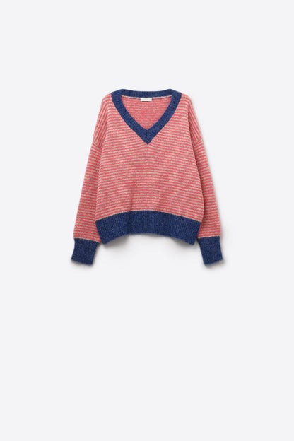 Fuchsia Striped Knit Sweater with Blue Details