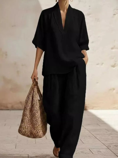Full Size Half Sleeve Top and Wide Leg Pants Set Plus Size Black - Outfit Sets