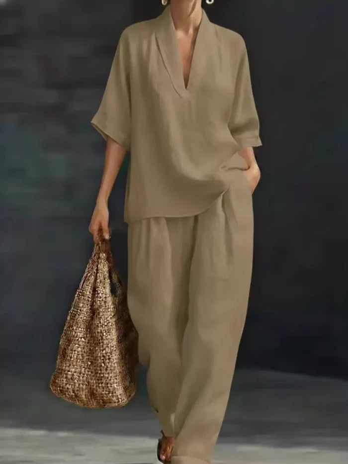 Full Size Half Sleeve Top and Wide Leg Pants Set Plus Size Khaki - Outfit Sets