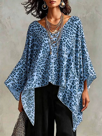 Full Size Leopard Print Asymmetrical Hem Top Plus Size Blue - Tops