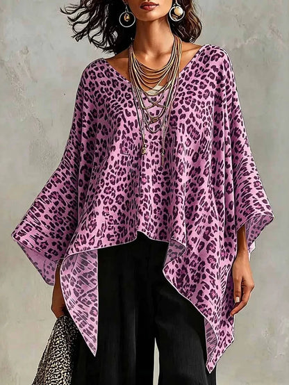Full Size Leopard Print Asymmetrical Hem Top Plus Size Pink - Tops