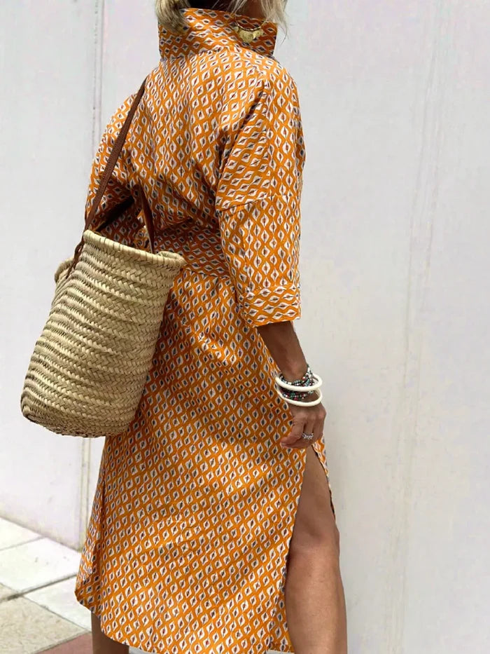 Full Size Printed Button-Down Midi Dress Plus Size - Dresses